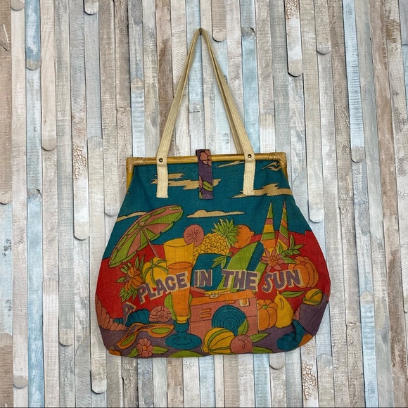 Vintage 70s 80s Bright Colorful Summer Vacation Bag Purse Tote Jute Statement - Picture 5 of 8